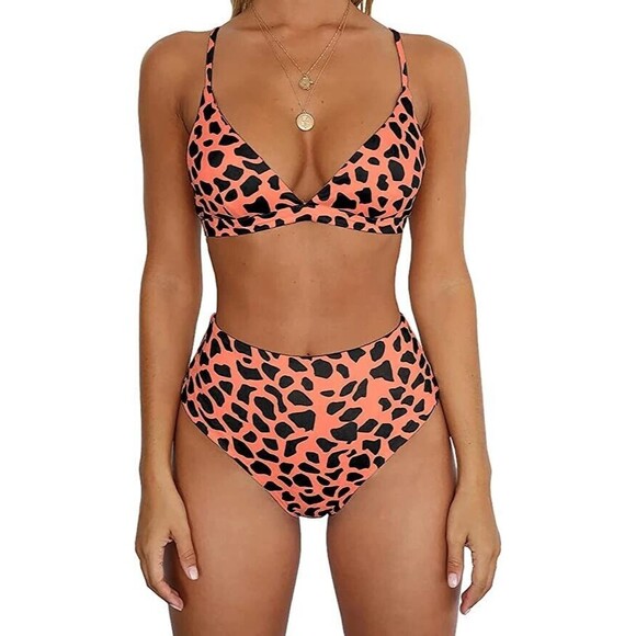BTFBM Other - Womens High Waisted Animal Print Cheeky Bikini V Neck Size M Orange Swimsuit
